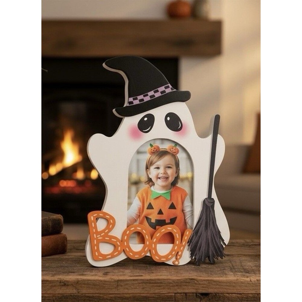 “Boo!” Ghost In Witch Costume Wooden Picture Frame With Appliqués 4x 6 Picture